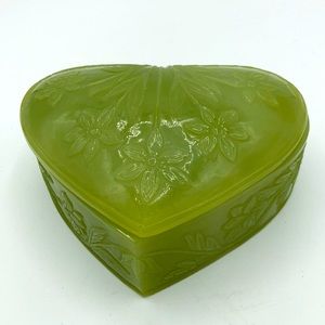 Vintage Green Trinket Box Heart Shape Floral Carving Plastic